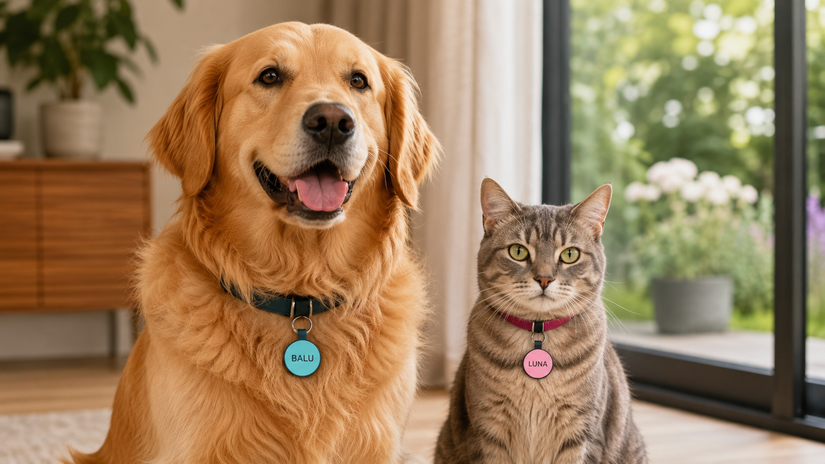Hund und Katze mit MyPetFinder QR-Anhänger am Halsband