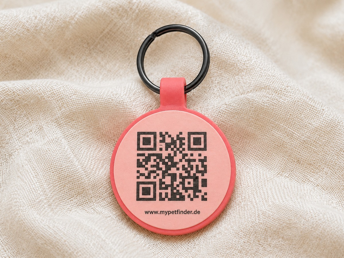 Nahaufnahme der Rückseite eines korallefarbenen Silikonanhängers mit lasergraviertem QR-Code und www.mypetfinder.de